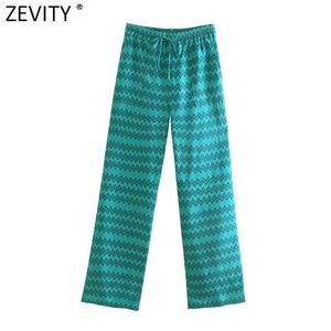 Zevity femmes Vintage imprimé géométrique décontracté pantalon droit femme Chic taille élastique à lacets poches été pantalons longs P1125 210603