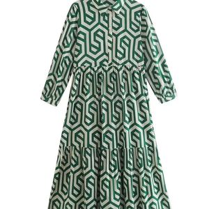 ZEVITY Women Vintage Geometric Print Casual Slim Midi Shirt Jury Vrouwelijke chique plooien Ruches A Line Vestido DS395 220707