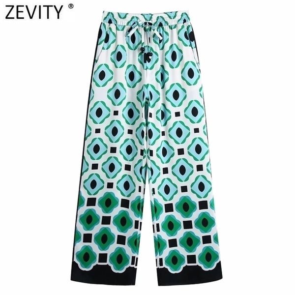 Zevity Femmes Vintage Géométrique Impression elastic Taille Casual Hab-jambe Pantalons de couleurs Chic Chic Retour Pantalon long P1085 211124