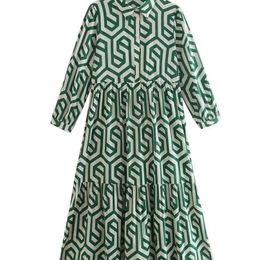 ZEVITY Vrouwen Vintage Geometrische Print Pleats Casual Slim Midi Shirt Jurk Vrouwelijke Chic Plooien Ruches Een Lijn Vestido DS395 220705