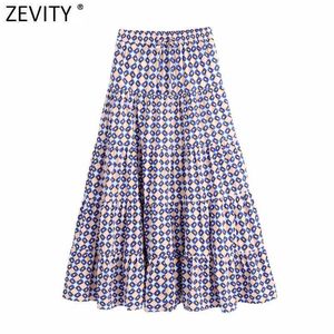Zevity mujeres Vintage estampado geométrico plisado Casual Midi falda Faldas Mujer cintura elástica bolsillos A Line Vestidos QUN792 210603