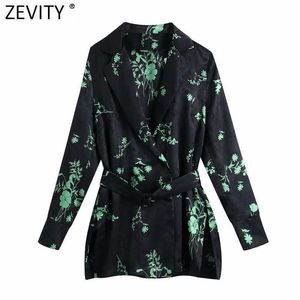 Zevity Femmes Vintage Feuilles Vertes Imprimer Noir Satin Smock Blouse Femme Ceintures Côté Split Chemise Chic Kimono Blusas Tops LS7661 210603