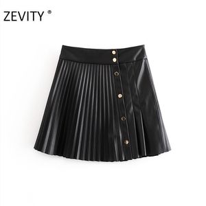 Zevity femmes vintage taille haute en cuir PU plissé mini jupe faldas mujer dames boutons avant décontracté marque chic jupes QUN689 210310