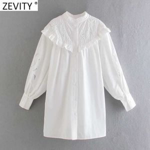 Zevity Femmes Vintage Creux Out Broderie Volants Casual Robe Blanche Femme Chic Stand Col Boutonné Kimono Robes DS8121 210603