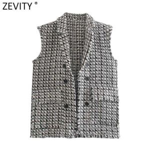 Zevity Femmes Vintage Houndstooth Tassel Design Gilet sans manches Veste Bureau Lady Costumes Gilet Poches Outwear Tops CT685 210603