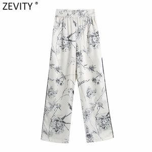 Zevity Femmes Vintage Encre Fleur Imprimer Pantalon Large Jambe Pyjama Femme Chic Taille Élastique Poches Casual Pantalon Long P982 210915
