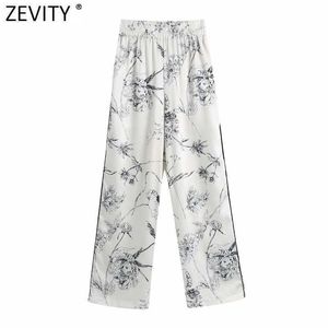 Zevity Femmes Vintage Encre Fleur Imprimer Pantalon Large Jambe Pyjama Femme Chic Taille Élastique Poches Casual Pantalon Long P982 210603