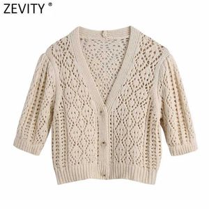 Zevity Femmes Vintage Jacquard Mesh Tissu Crochet Tricot Pull Court Femelle V Cou Puff Manches Casual Pull Tops SW813 210603