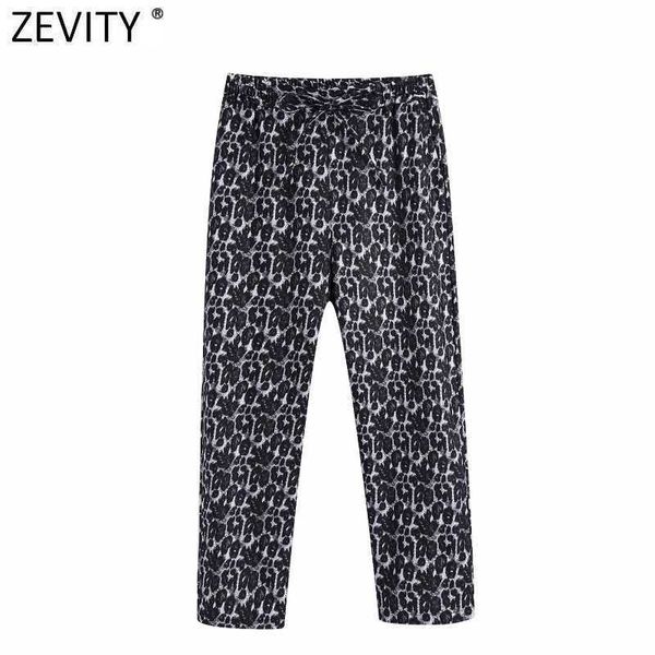 Zevity Femmes Vintage Imprimé Léopard Sarouel Rétro Femme Motif Animal Noeud Élastique Taille Poche Chic Long Pantalon P967 210603