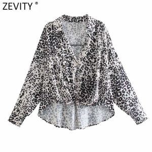 Zevity Mujeres Vintage Estampado de leopardo Hem Anudado Suelto Smock Blusa Mujer Manga larga Kimono Camisas Chic Blusas Tops LS9310 210603