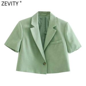 Zevity Femmes Vintage Collier entaillé Couleur Solide Court Slim Blazer Manteau Vintage Femme One Bouton Vêtements d'extérieur Chic Crop Tops CT716 210603