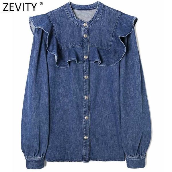 Zevity Femmes Vintage O Cou Volants Denim Blouse Bureau Dames À Manches Longues Chemise D'affaires Chic Femme Blusas Tops LS7384 210603