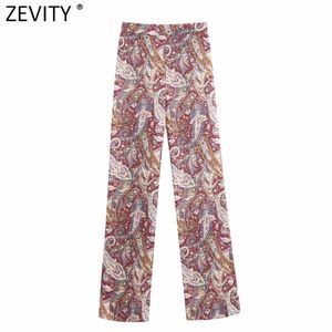 Zevity femmes vintage paisley fleur imprimé pantalon droit femme taille élastique pantalon dames rétro décontracté poche pantalon chic P891 201118