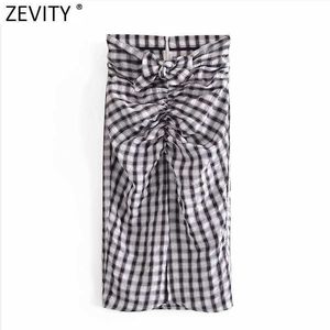 Zevity Femmes Vintage Plaid Imprimer Bow Noué Design Split Slim Jupe Faldas Mujer Femme Dos Zipper Chic Midi Robe QUN762 210603