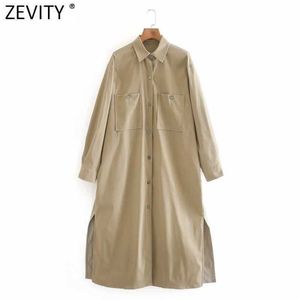 Zeefity Dames Vintage Pockets Patch Casual Losse Midi Jurk Vrouwelijke Safari Stijl Terug Splicing Kleding Zij Split Vestido DS4672 210603