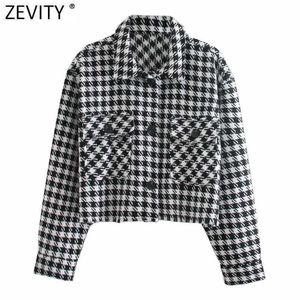 Zevenity Dames Vintage Pockets Patch Houndstooth Print Casual Short Shirt Jas Femme Streetwear Uitloper Chic Jas Tops CT616 210603