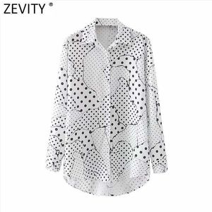 Zevity Mujeres Vintage Polka Dots Patchwork Print Casual Smock Blusa Office Lady Turn Down Collar Camisas Chic Blusas Tops LS7517 210603