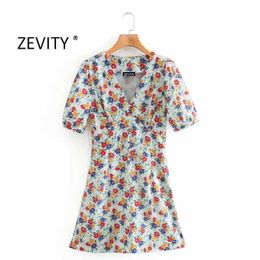 Zevity femmes vintage pois imprimés à lacets enveloppé mini robe chic femme manches bouffantes décontracté mince une ligne robes DS4149 210603