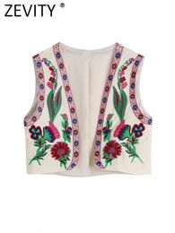 Zevity Mujeres Vintage Posición Floral Bordado Chaleco Corto Chaqueta Señoras Estilo Nacional Patchwork Casual Chaleco Tops CT1395 230301