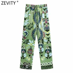 Zeefity Dames Vintage Positie Floral Print Casual Straight Broek Vrouwelijke Chic Elastische Taille Lace Up Summer Long Broek P1141 210915