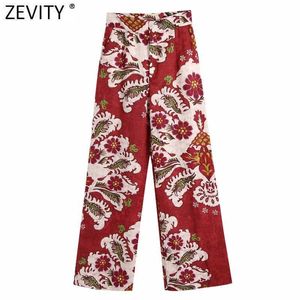 Zevity Femmes Vintage Presse Floral Print Casual Loose Lin Pantalon à jambes larges Rétro Femme Chic Zipper Fly Pantalon long P1092 210603