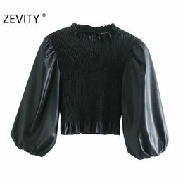 Zevity Femmes Vintage PU Cuir Patchwork Élastique Court Blouse Chemise Dames Lanterne Manches Blouses Roupas Femininas Tops LS7277 210603