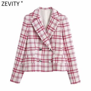 Zevity Mujeres Vintage Rojo Blanco Check Plaid Print Blazer Coat Office Ladies Manga larga Trajes con muescas Mujer Chic Tops CT710 210603