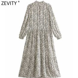 Zevity femmes Vintage col à volants encre imprimé Floral décontracté ample robe mi-longue Femme Chic à manches longues plis une ligne Vestido DS8181 210603