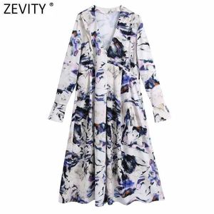 Zevity femmes Vintage volants col en V encre cravate teint décontracté lâche robe mi-longue femme Chic à manches longues Kimono Vestido DS4918 210603