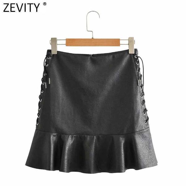 Zevity Femmes Vintage Side Lace Up PU Cuir Une ligne Jupe Faldas Mujer Femme Back Zipper Chic Hem Volants Robes QUN709 210603