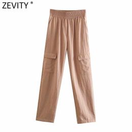 Zevity Femmes Vintage Couleur Solide Élastique Taille Haute Casual Slim Safari Style Pantalon Rétro Femelle Chic Cargo Long Pantalon P1012 210603