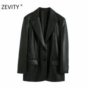 Zevity Femmes Vintage Solide Couleur PU Cuir Blazer Manteau Bureau Dames Poches Casual Lâche Élégant Costume Manteaux Tops CT579 210419