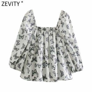 Zeefity Dames Vintage Square Collar Casual Smock Blouse Vrouwelijke Chic Elastische Plooien Kimono Shirt Blusas Tops LS9080 210603