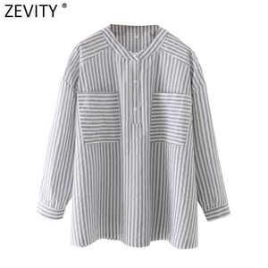 Zevity femmes Vintage col montant rayé imprimé chemise femme Double poches Patch décontracté affaires Blouse Chic Blusas hauts LS9152 210603