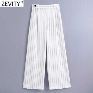Zevity Femmes Vintage Rayé Imprimer Poche Large Jambe Pantalon Rétro Femme Chic Zipper Fly Casual Slim Long Pantalon P1107 210603