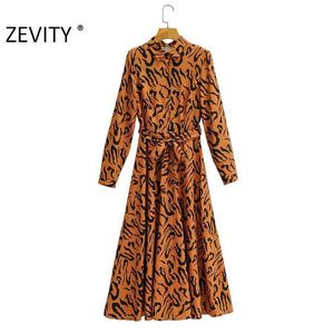 Zevenity vrouwen vintage tijger patroon print boog sjerpen shirt jurk kantoor dame lange mouw casual vestidos chic jurken DS4355 210603