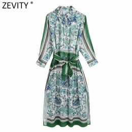 Zeefity Dames Vintage Totem Floral Print Patchwork Sashes Shirt Jurk Dame Kleding Chic Side Split Midi Robe Vestido DS8358 210603