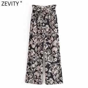 Zevity Femmes Vintage Totem Fleur Impression Taille Haute Arc Attaché Papier Pantalon Rétro Femme Fermeture Éclair Fly Chic Long Pantalon P1032 210603