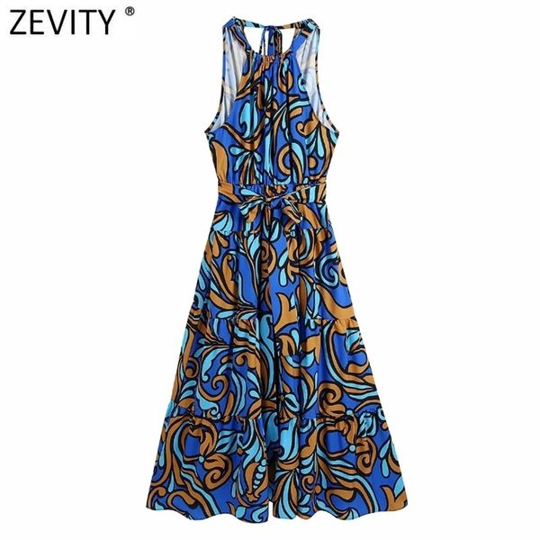 Zevity mujeres vintage tótem graffiti impresión sin mangas halter verano vestido largo femenino chic arco fajas casual vestidos delgados DS8350 210630