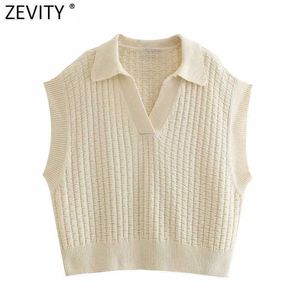 Zevity Femmes Vintage Turn Down Collier Check Plaid Solide Pull à tricoter Femme Casual Loose Vest Chic Pulls Tops SW694 210603