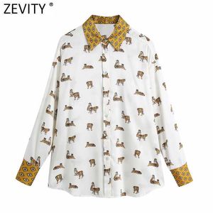 Zevity Femmes Vintage Turn Down Col Patchwork Imprimer Satin Smock Blouse Femme Tiger Kimono Chemises Chic Blusas Tops LS7658 210603