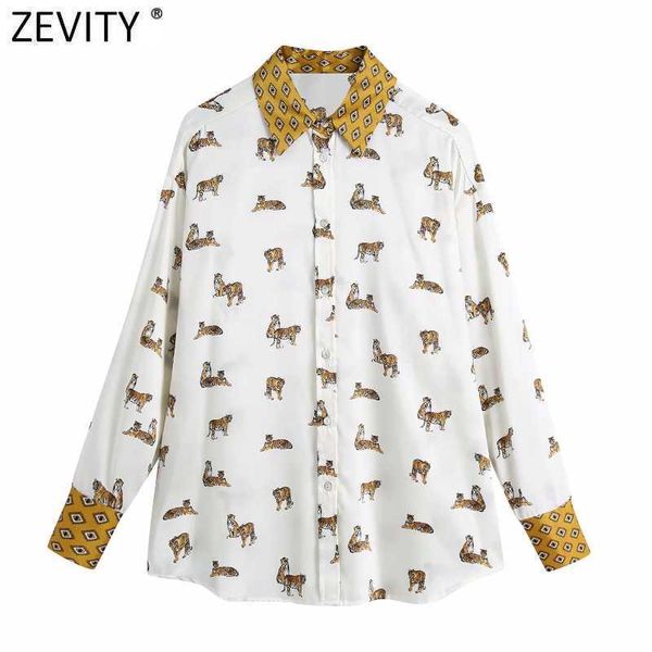 Zevity Mujeres Vintage Turn Down Collar Patchwork Imprimir Satén Smock Blusa Mujer Tiger Kimono Camisas Chic Blusas Tops LS7658 210603