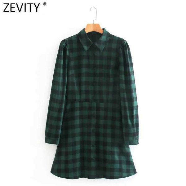 Zevity Femmes Vintage Turn Down Col Plaid Imprimer Casual Slim Vert Mini Robe Bureau Dames Robe Chemise Robes DS4849 210603