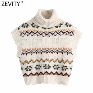 Zeefity Dames Vintage Turtleneck Bloem Print Jacquard Breien Trui Vrouwelijke Wave Rand Casual Vest Chic Pullovers Tops S650 210603