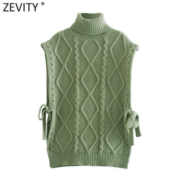 Zevity mujeres vintage cuello alto verde crochet tejido suéter femenino sin mangas lado encaje hasta chaleco chic jerseys tops S675 210603