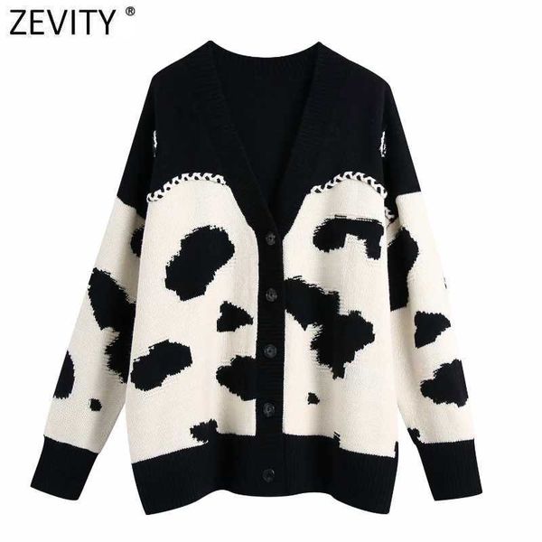 Zevity Femmes Vintage V Cou Motif Animal Crochet Cardigans Tricot Pull Femme Chic Manches Longues Contraste Couleur Tops S703 210603