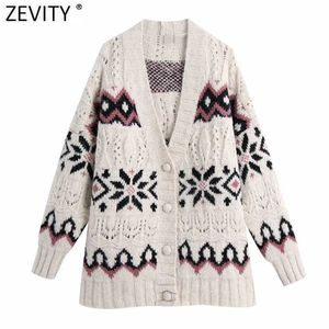 Zevity Femmes Vintage Col En V Fleur Motif Jacquard Cardigans Pull À Tricoter Femme Chic À Manches Longues Évider Tops S651 210603