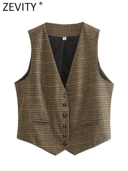 Zevity femmes Vintage col en V pied-de-poule imprimé boutonnage mince court gilet veste dames sans manches décontracté gilet hauts CT3053 240111