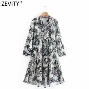 Zevity Femmes Vintage V Neck Ink Peinture papillon Impression de chemise décontractée Robe femelle Pleat Ruffles Vestido DS4751 210603