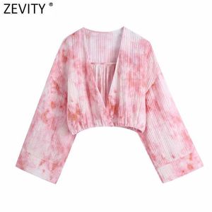 Zevity Femmes Vintage V Cou Rose Tied Teint Impression Courte Blouse Blouse Femme Kimono Chemise Chic Slim Blusas Crop Tops LS9281 210603